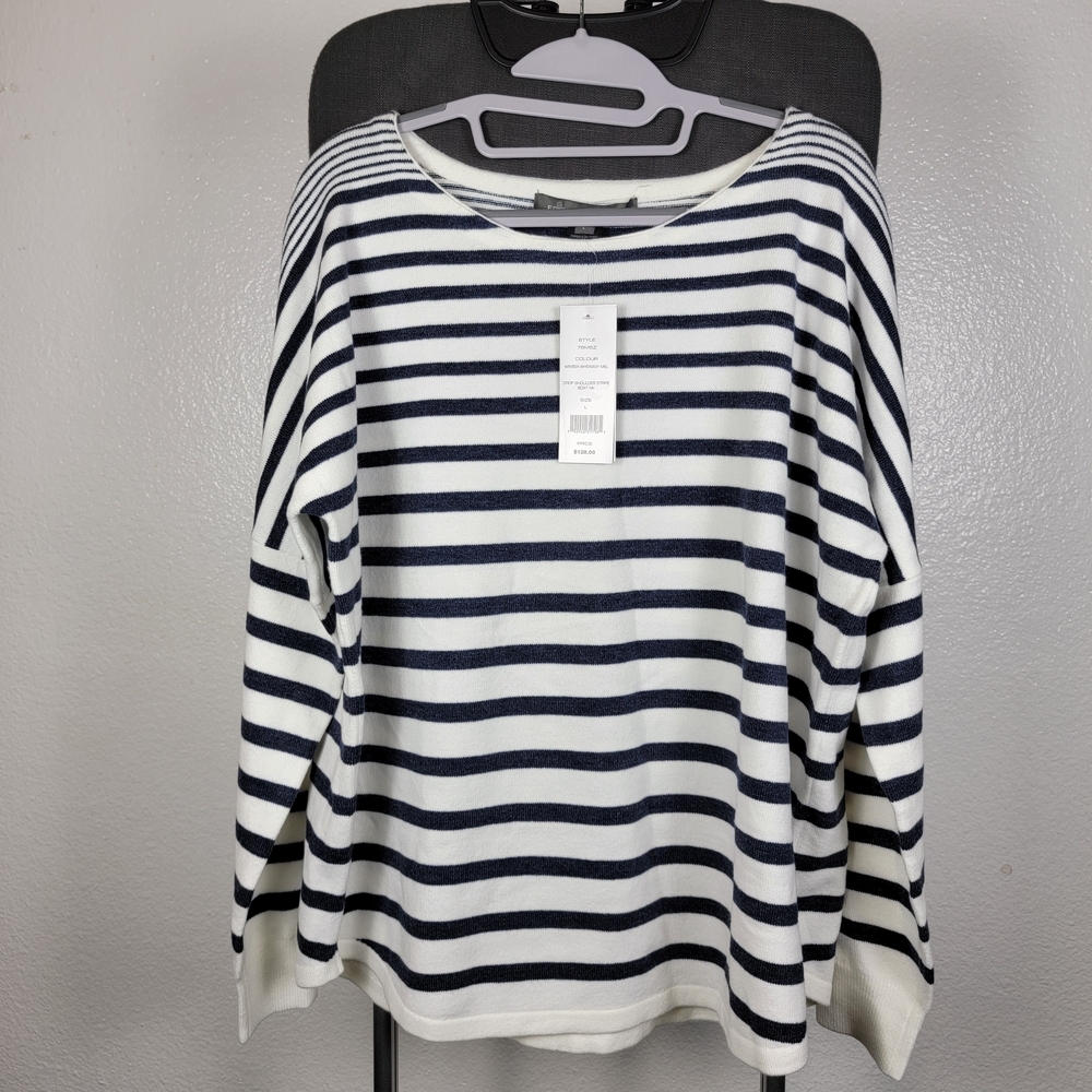 French Connection‎ Navy White Drop Shoulder Boat Neck Striped Sweater Women Sz L